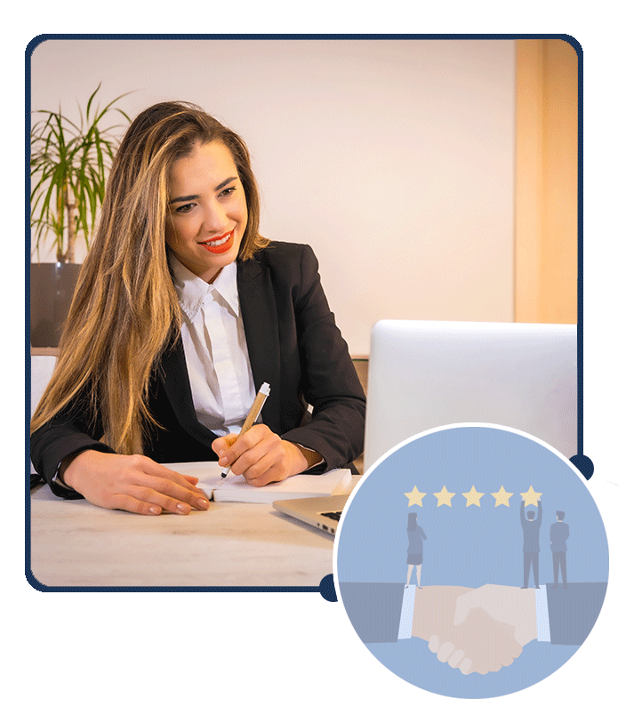 Online meeting with client along with icon of handshake and client giving ratings showing trusted partner for technology.
