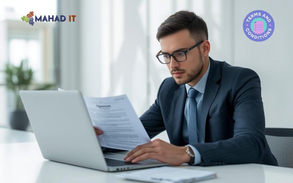 Mahad IT Terms and Conditions user agreement Business professional reviewing website agreement documents on a laptop in modern office